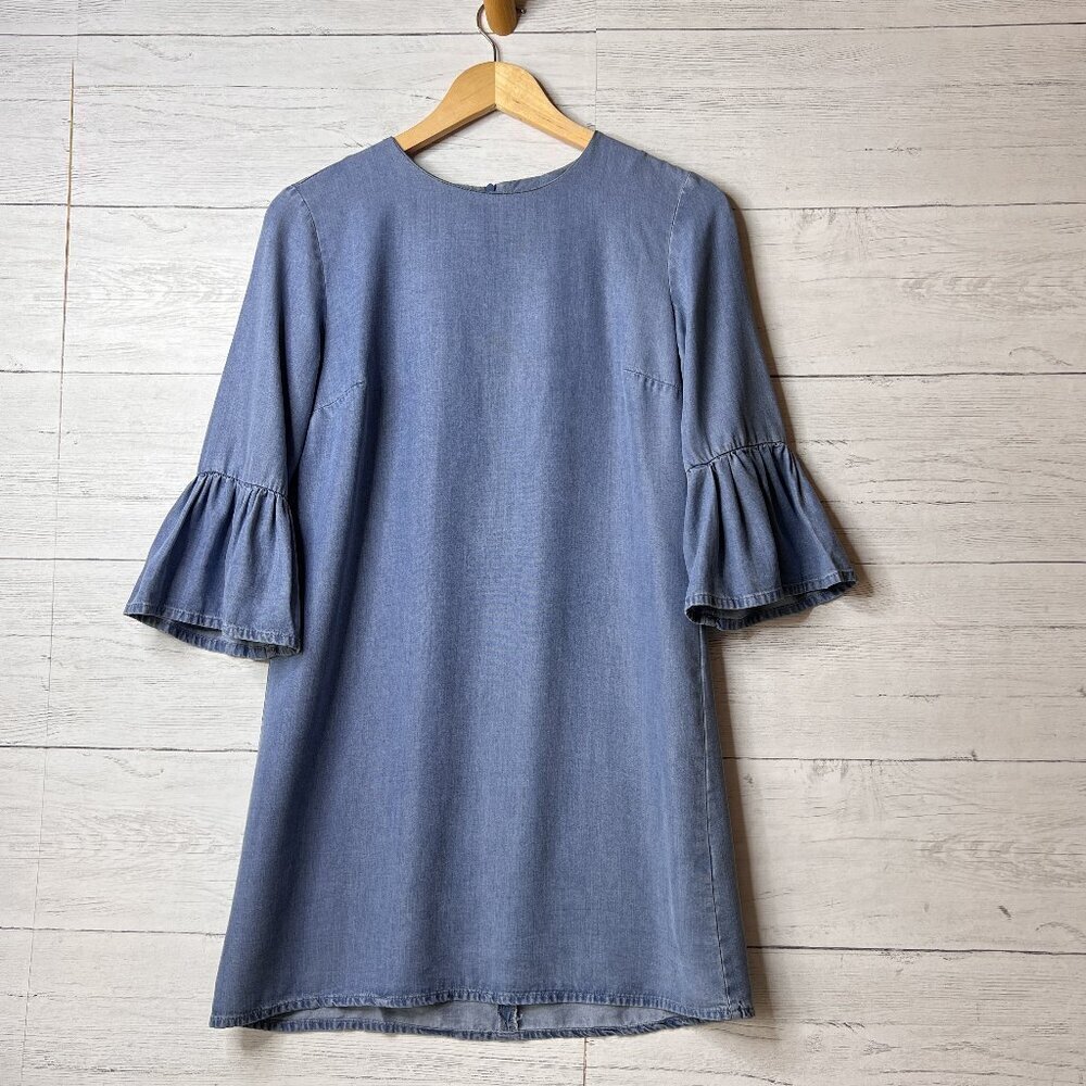 Zara Dress Womens Size XS Chambray Classic Timeless 3/4 Bell Sleeve Mini Neutral